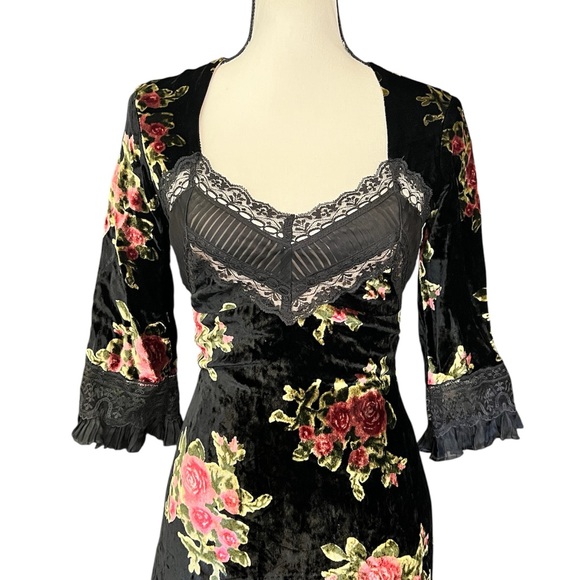 RARE Vintage 90s Y2K Sue Wong Sheer Lace & Velvet Floral Goth Witchy Vamp Dress - Picture 3 of 9